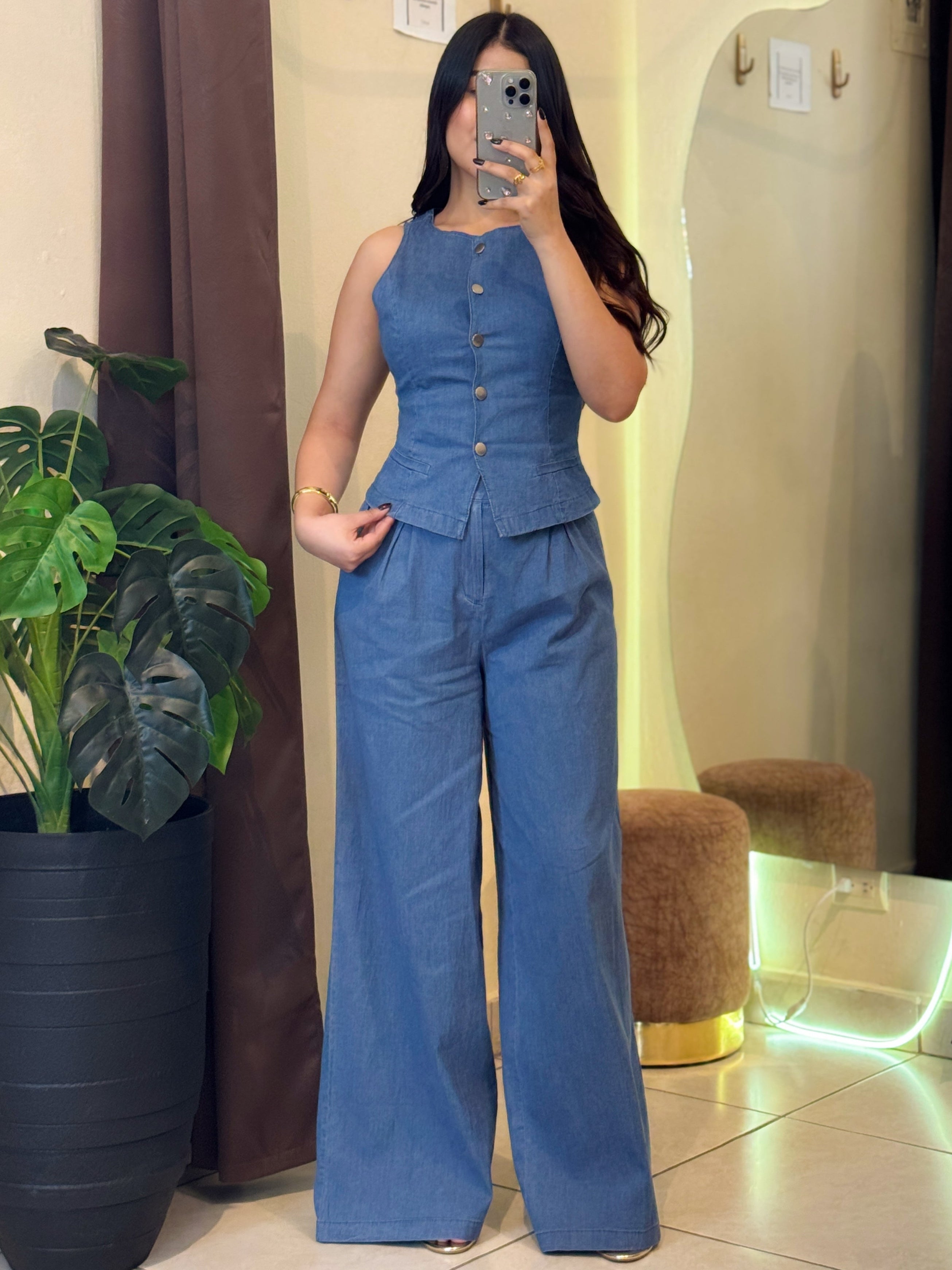 Conjunto denim vest y pantalón