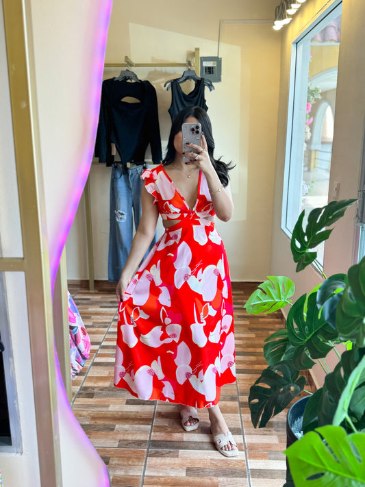 Vestido midi estampado rojo