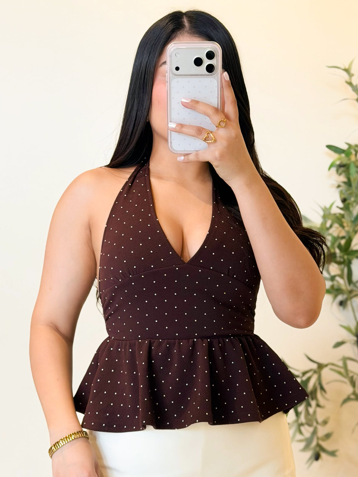 Blusa peplum polka dot marrón